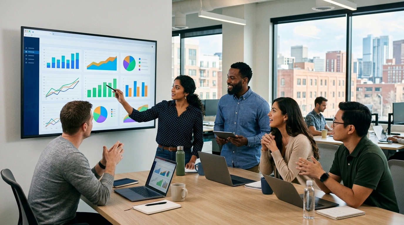 white label AI SEO software for agencies - A diverse team in a bright, modern office in a US city like Austin or Denver, collaborating around a large screen showing a branded SEO dashboard. The atmosphere is positive and professional, with charts showing upward trends.