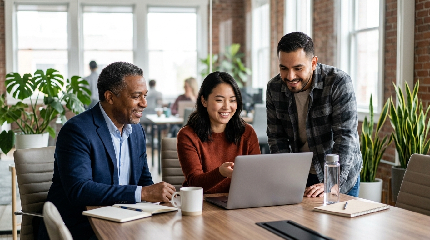 best AI recruitment software - A diverse team of three American HR professionals in a bright, modern US office are gathered around a laptop, smiling and collaboratively discussing what's on the screen. The atmosphere is warm, positive, and engaged. The laptop screen is angled away so no specific text is visible.