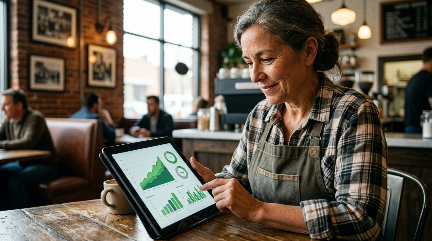Close-up of a small business owner in a classic American coffee shop, reviewing a branded SEO report on a tablet. The report, from their US-based agency, shows positive green graphs, and the agency's logo is in the corner.