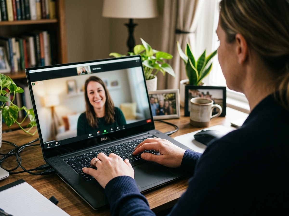 A close-up, over-the-shoulder shot of a recruiter's hands on a keyboard in a typical US home office. On the out-of-focus laptop screen, a candidate is visible during a video interview, smiling warmly. The focus is on the recruiter's engaged posture, suggesting a human connection facilitated by technology.