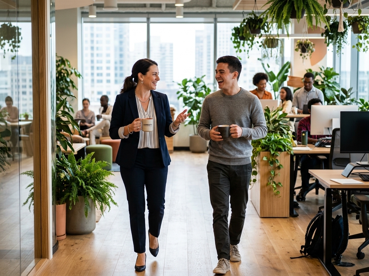 Two colleagues, one a senior manager and one a new hire, are having an animated and friendly conversation while walking through a beautiful, plant-filled modern American office space with coffee mugs in hand. This image represents the successful outcome of a great hiring process: building strong teams.